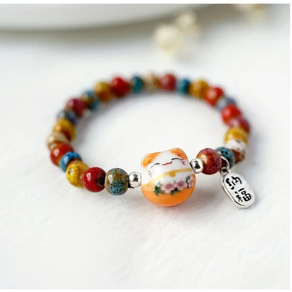 New! Lucky Cat Beaded Ceramic Bracelet in Orange - Picture 1 of 2